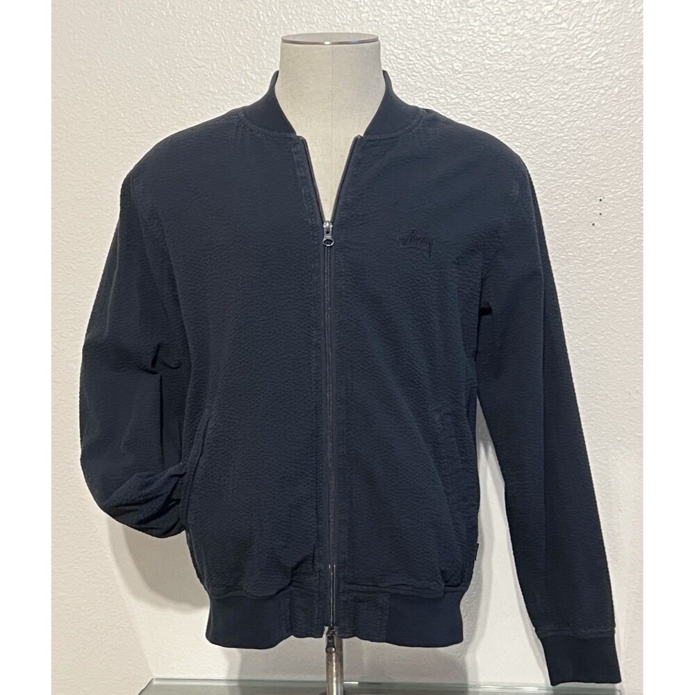 Stussy Full Zip Seersucker Bomber Jacket Navy Blue Men’s Medium Y2K Skate Surf